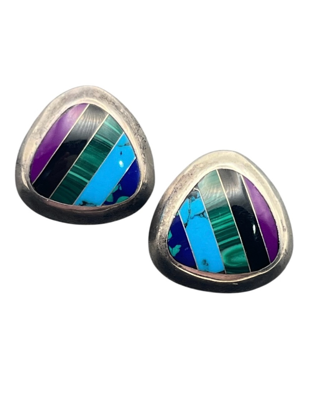 MEXICO Sterling Silver Inlaid Turquoise Lapis Sugilite Pierced Earrings striped